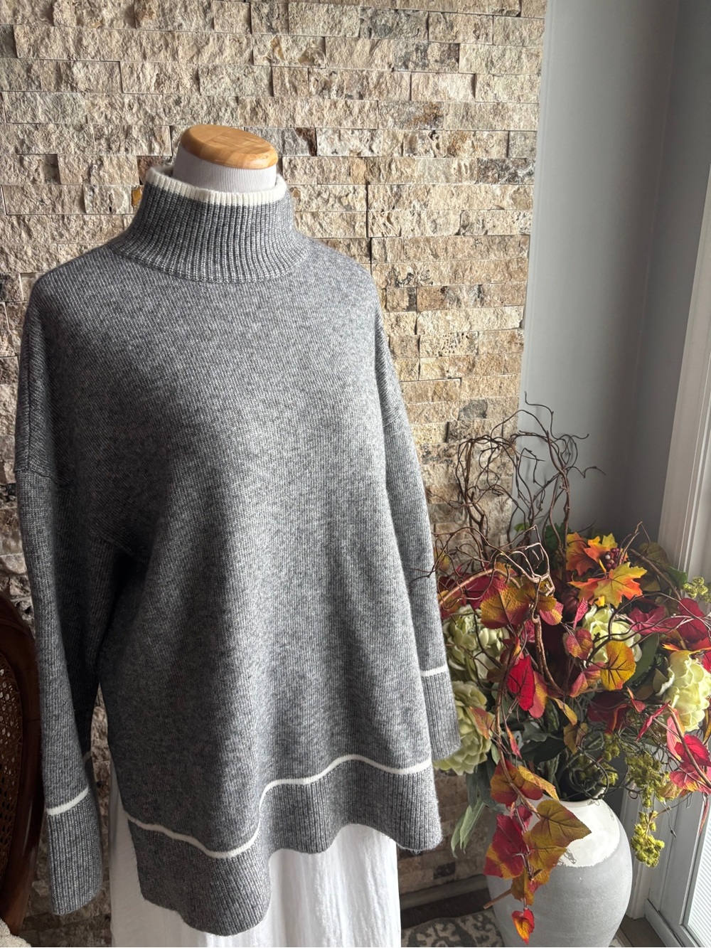 Express Gray Turtleneck Sweater with White Trim Accents